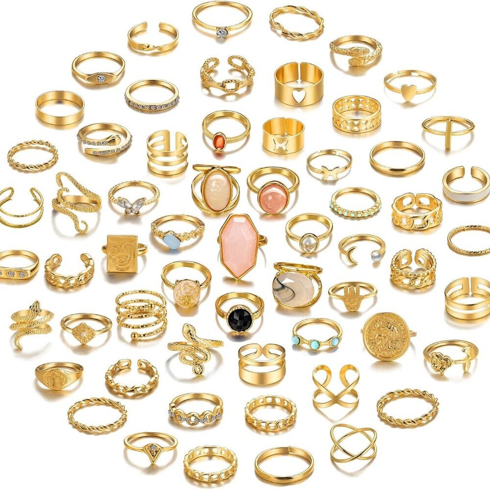 60 Pcs Gold Stacks Ring Sets for Women Non Tarnish, Dainty Vintage Stackable Rin